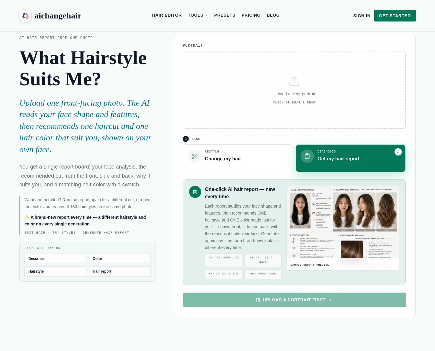 AIChangeHair interface with the hair report task selected and portrait upload area visible