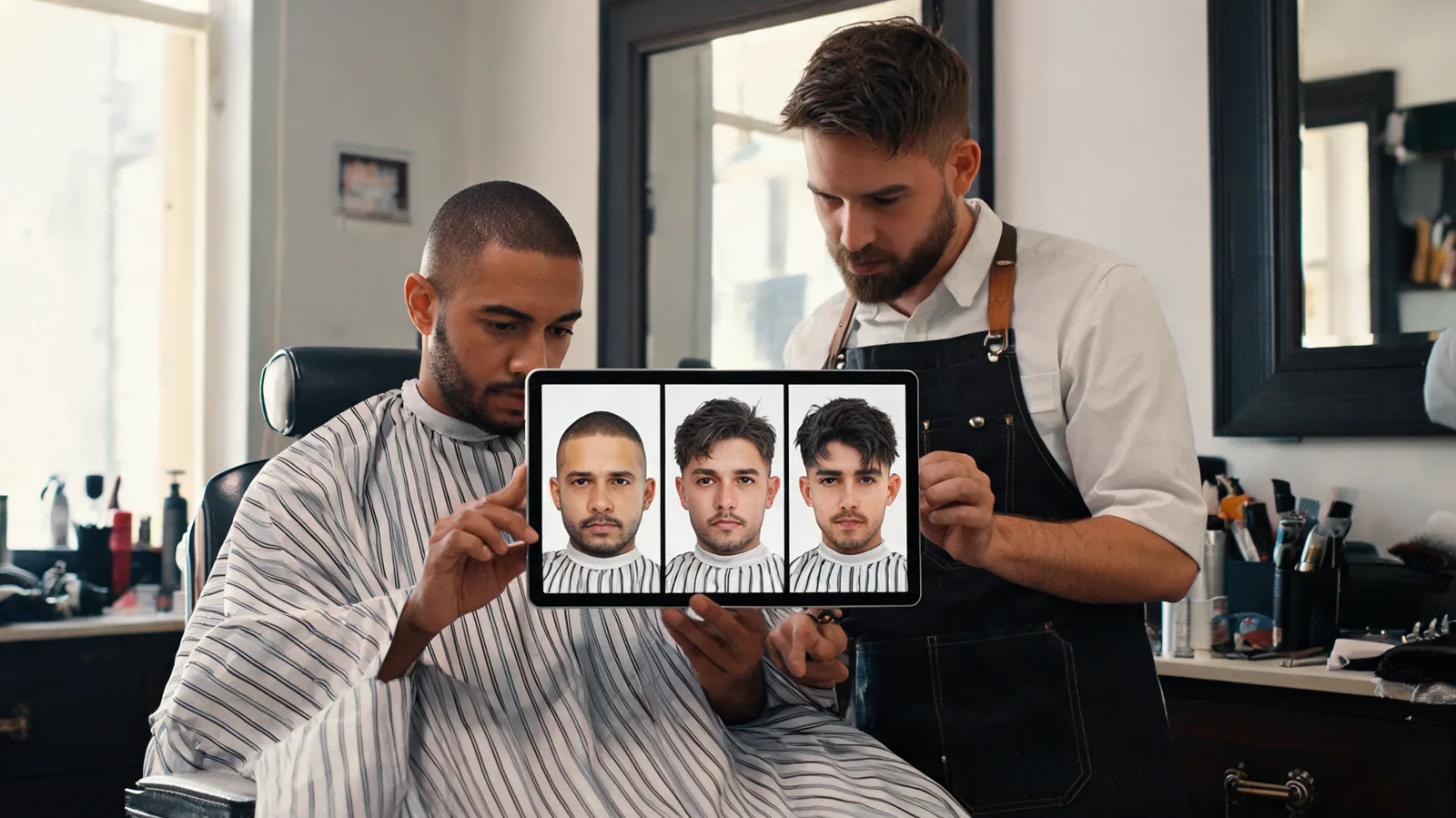A person compares one AI hairstyle suggestion with a controlled alternative while taking notes about the length and texture they prefer