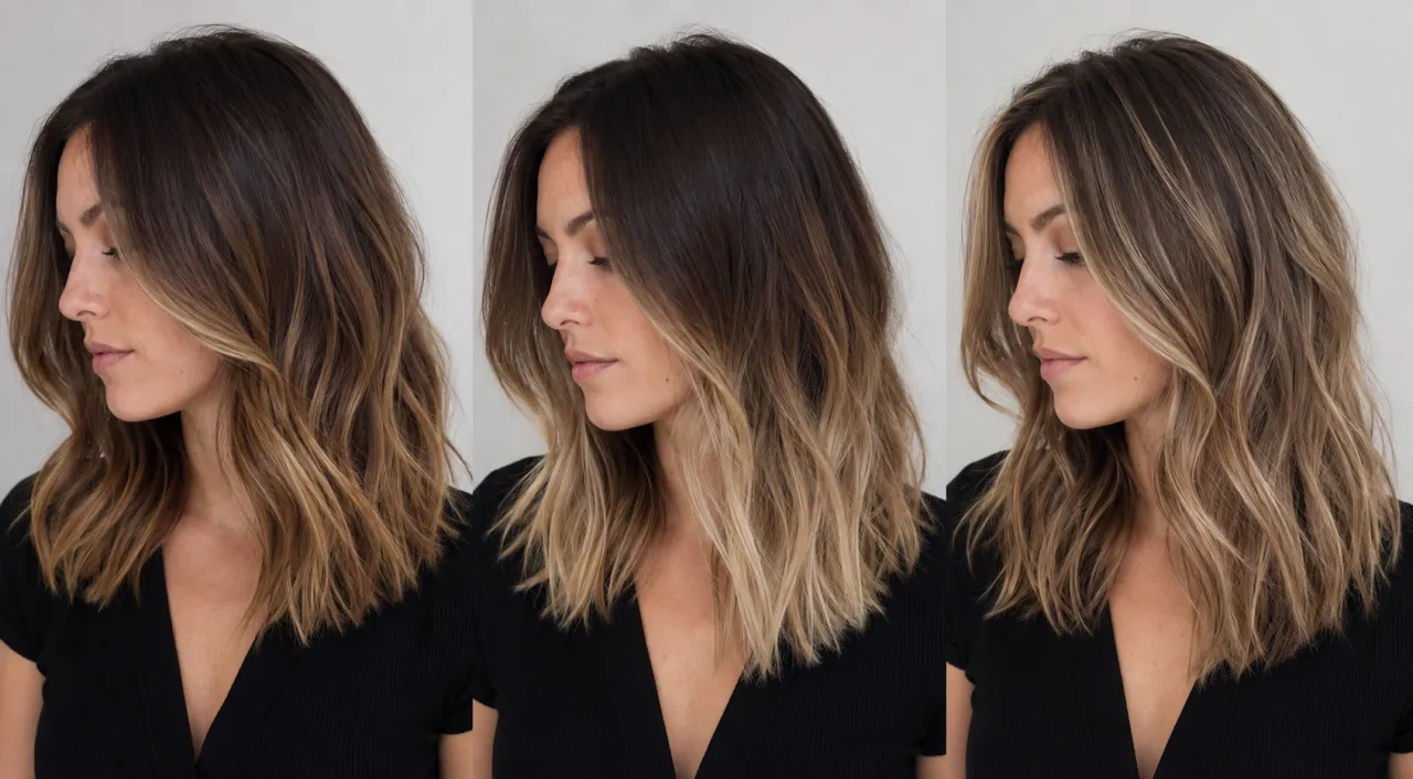 Balayage vs ombre vs highlights shown on the same brown-haired woman so you can compare placement