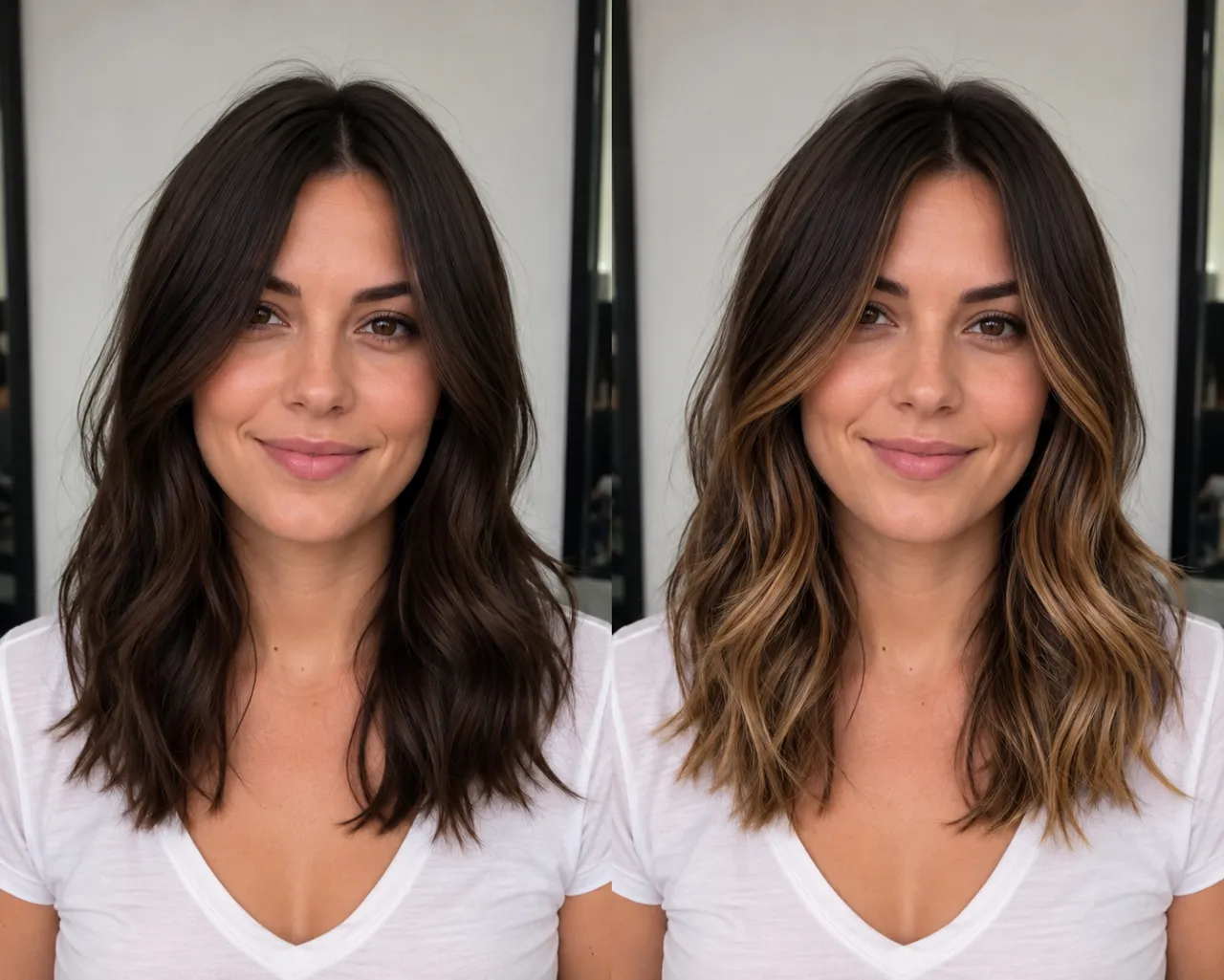 Before and after of dark brown hair previewed with a caramel balayage using an AI hair color changer