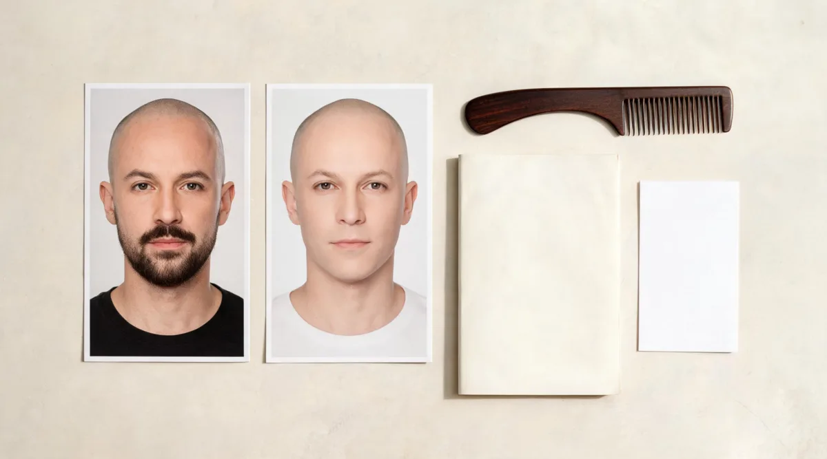 Two fictional shaved-head reference portraits, one bearded and one clean-shaven, arranged for a calm grooming comparison