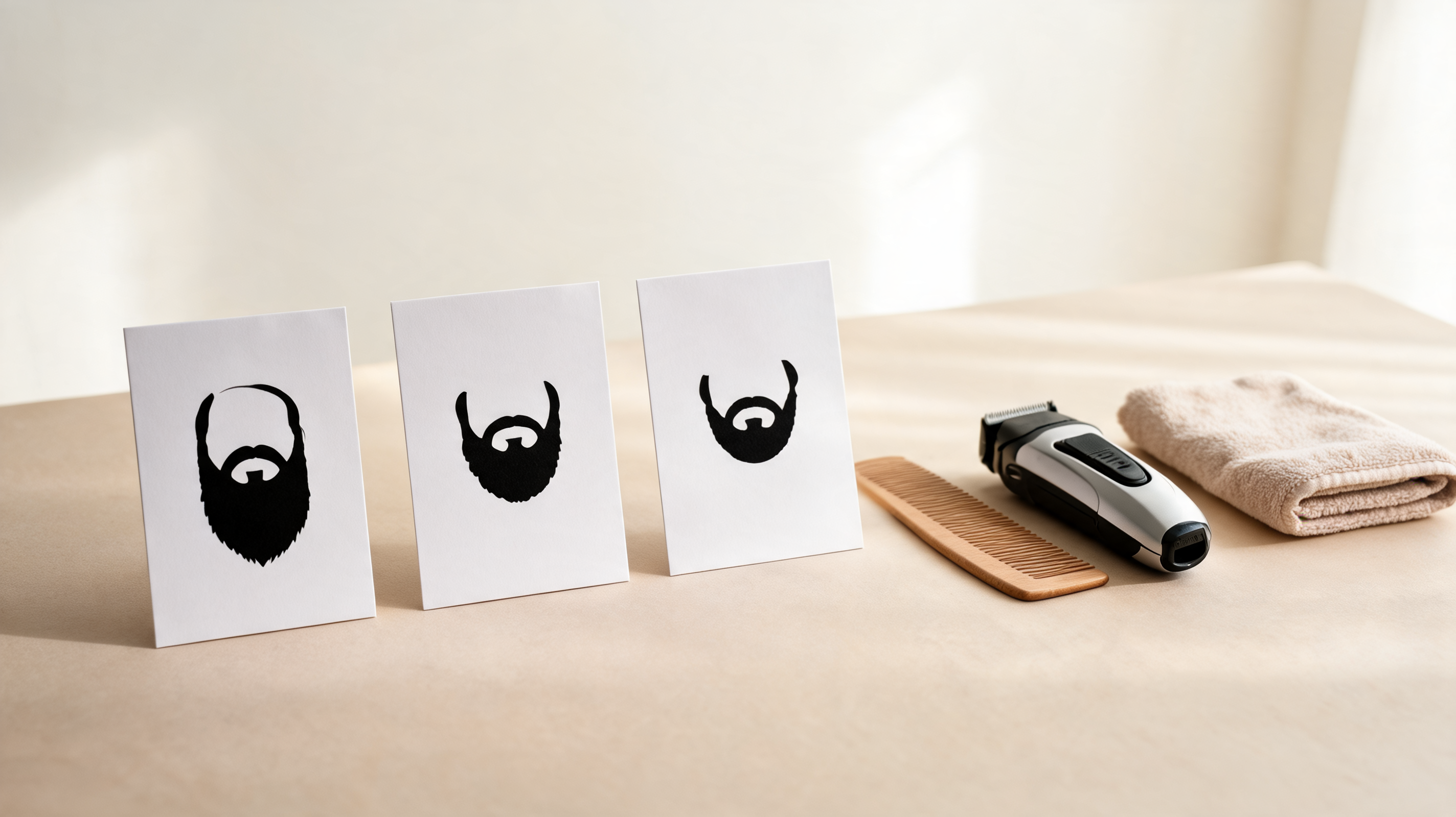 Editorial beard-style comparison board with three unlabelled facial-hair silhouette cards, a comb, and a small grooming trimmer on a neutral table