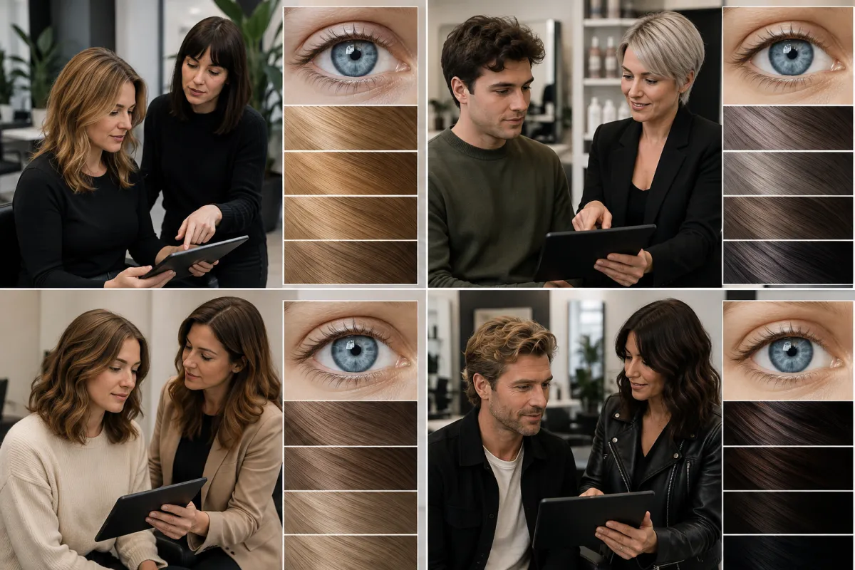 A salon decision grid comparing warm, cool, soft-contrast, and high-contrast hair-color directions for blue eyes