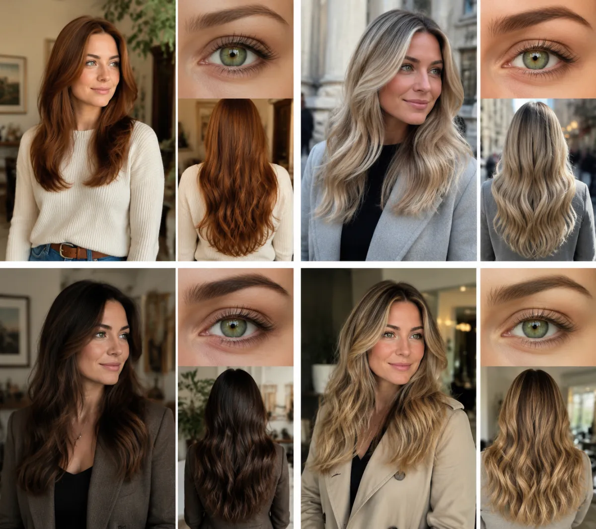 A neutral shade-planning board comparing copper, auburn, brunette, burgundy, blonde, and espresso swatches for green-eye contrast