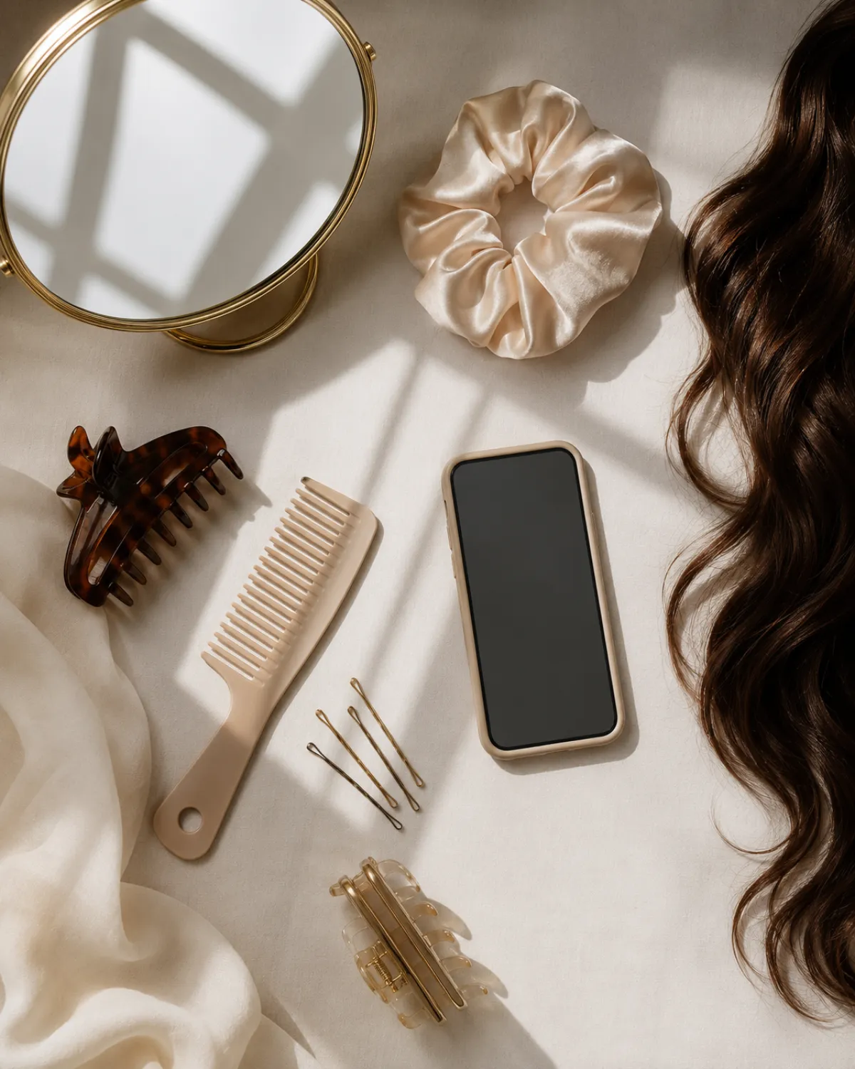 Photo checklist board illustrating a clear front-facing hairstyle-app selfie with natural lighting and visible hairline