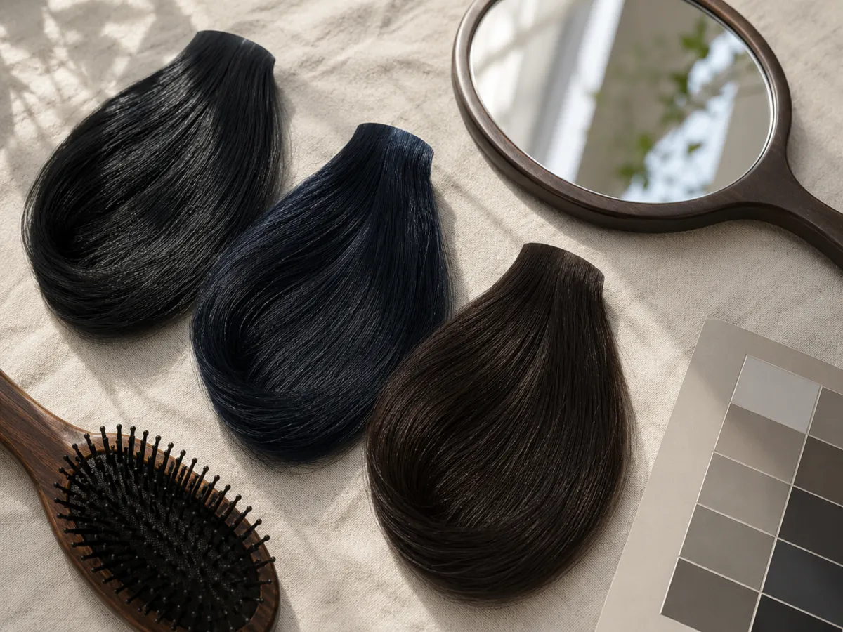 Black hair shade comparison planning still life with three dark fiber swatches, a round hand mirror, a neutral color card, and a small root-to-length guide, no people, no words, no logos
