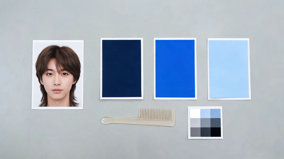 Blue hair filter comparison planning desk with a portrait card, navy, electric-blue, and pastel-blue color references