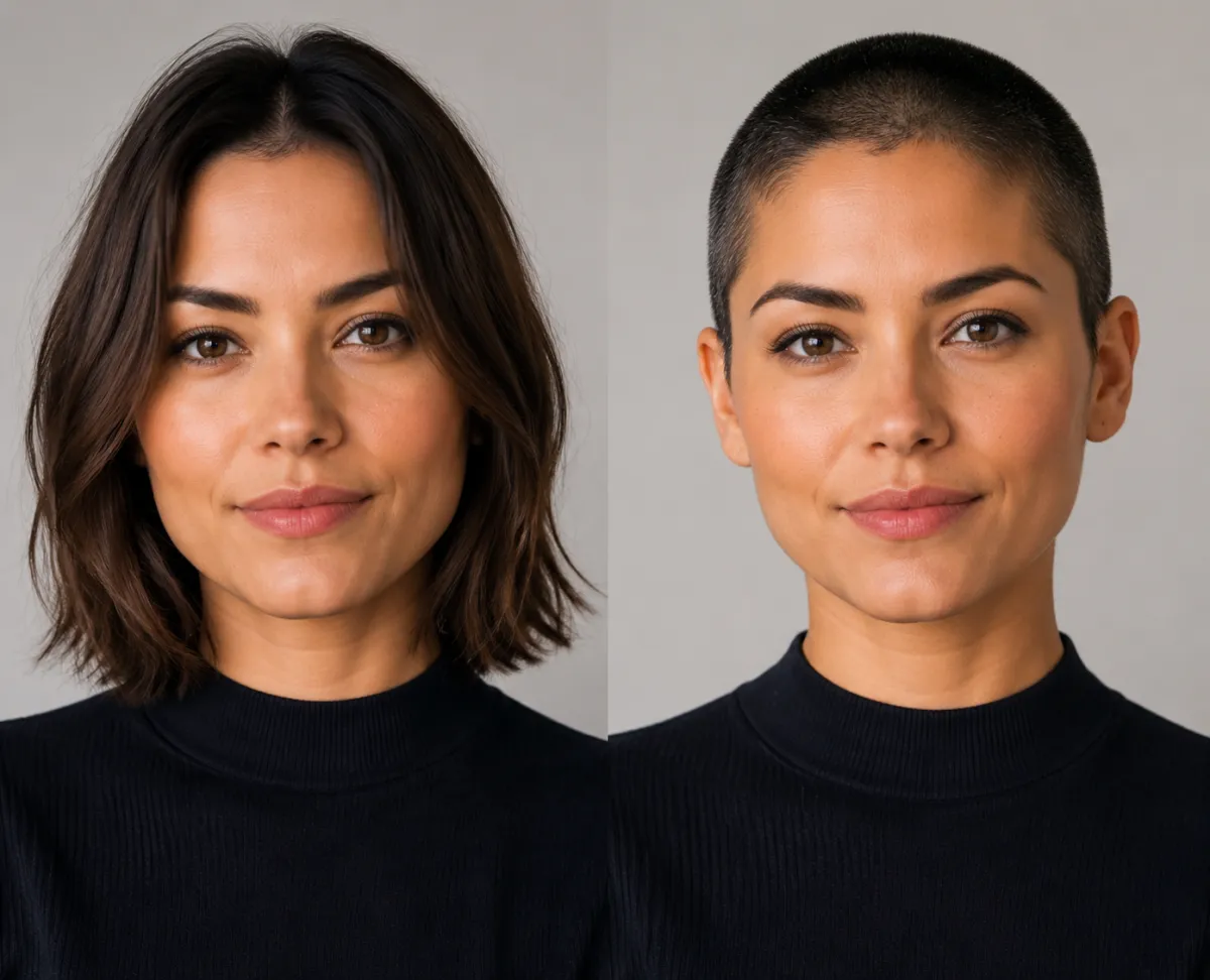 A woman neutrally previewing a buzz cut for style exploration with an AI hairstyle changer