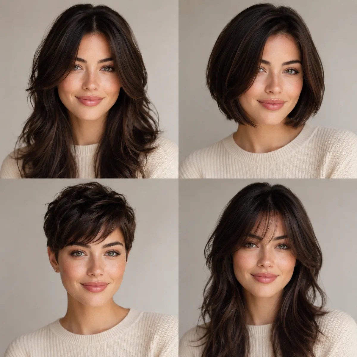 Grid of the same woman shown with four flattering haircuts mapped to different face shapes, previewed with an AI hairstyle changer