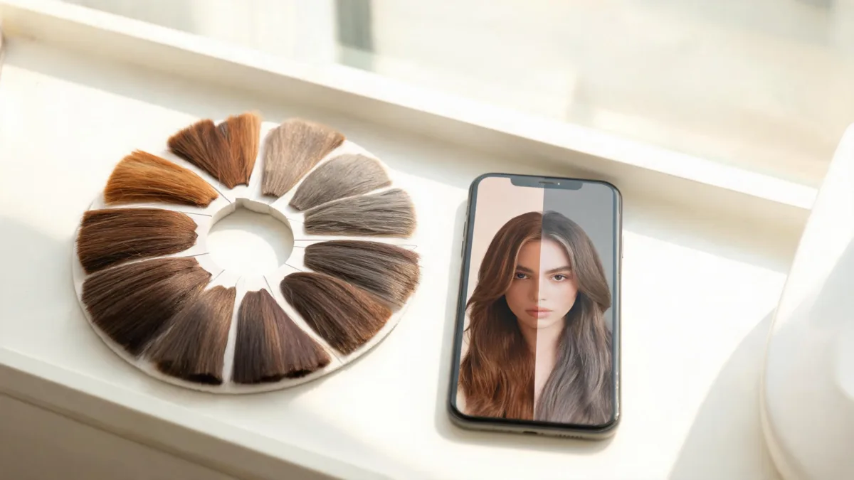 Garnier hair color filter comparison with an unbranded swatch wheel and two hair-color preview directions on a phone