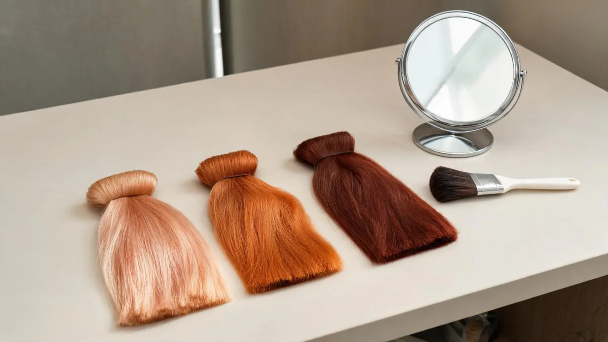 Ginger hair color filter comparison with three unlabelled light, natural, and deep ginger hair swatches beside a mirror