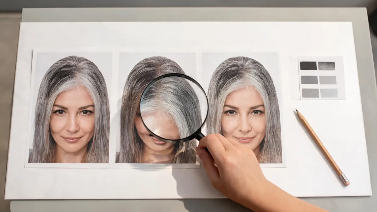 Grey hair photo editor checklist showing a fictional gray-blend preview reviewed for roots, hairline, and lighting