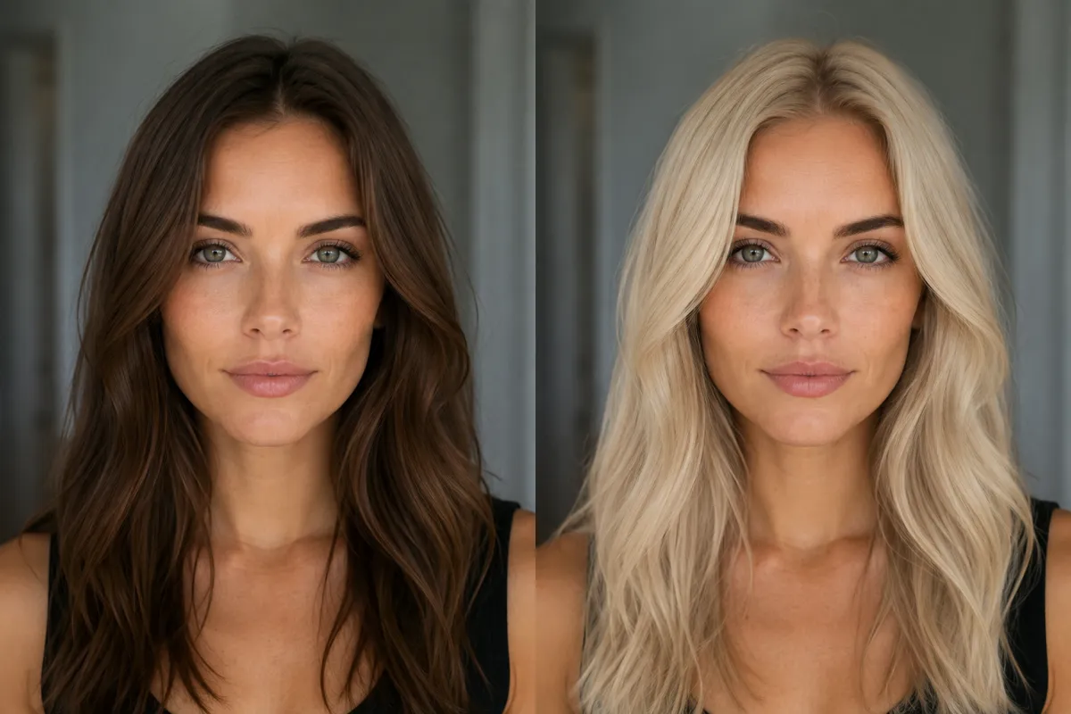 A woman with brown hair previewed as platinum blonde with an AI hair color changer, same face