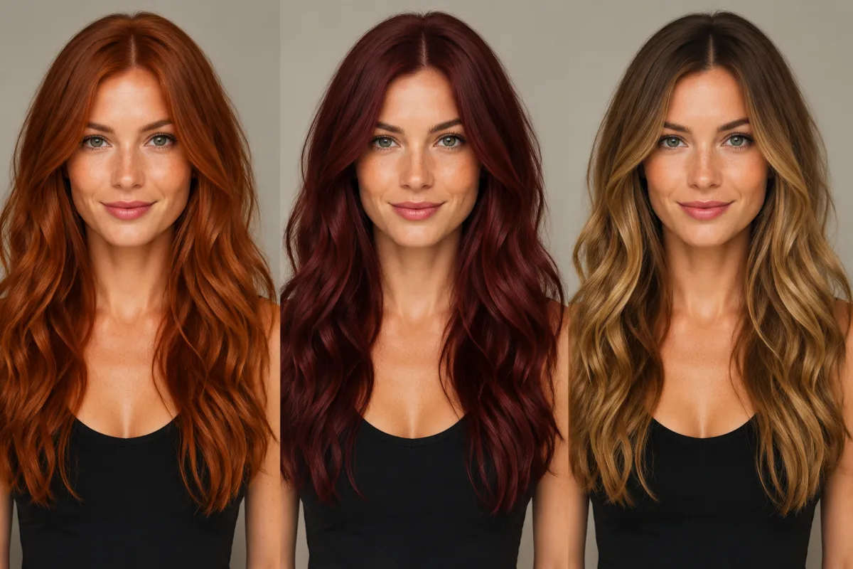 The same person shown across copper, burgundy, and balayage shades as a side-by-side comparison strip