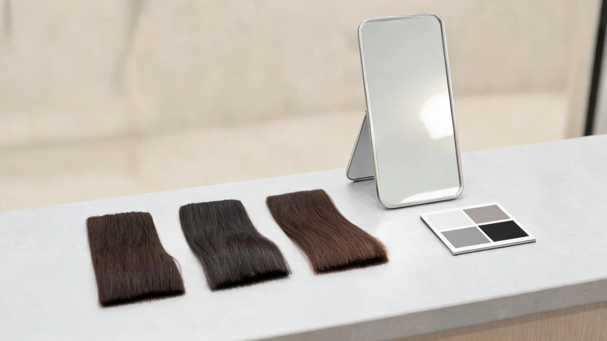 Darker hair color filter planning still life with three neutral dark swatches, a mirror, and a simple shade card