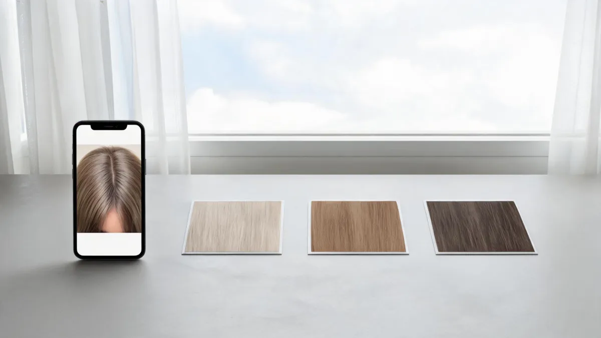 Hair color filter comparison setup with an original portrait, three unlabeled shade directions, and a phone on a neutral tabletop