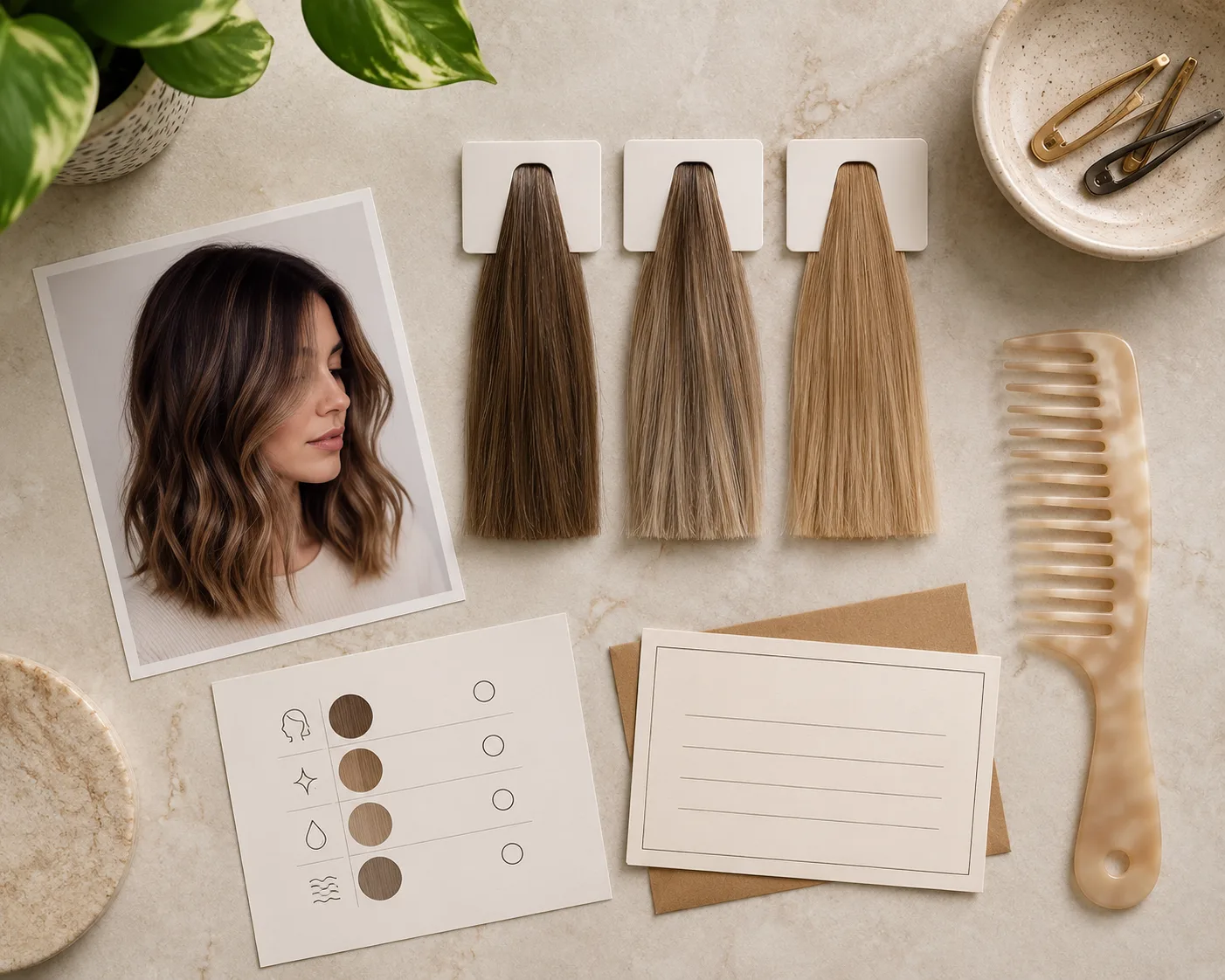 Top-down hair-color planning desk with an original portrait card, three unlabelled color swatches, a salon appointment card, a comb, and a small checklist; no people, no readable text, no logo, no watermark