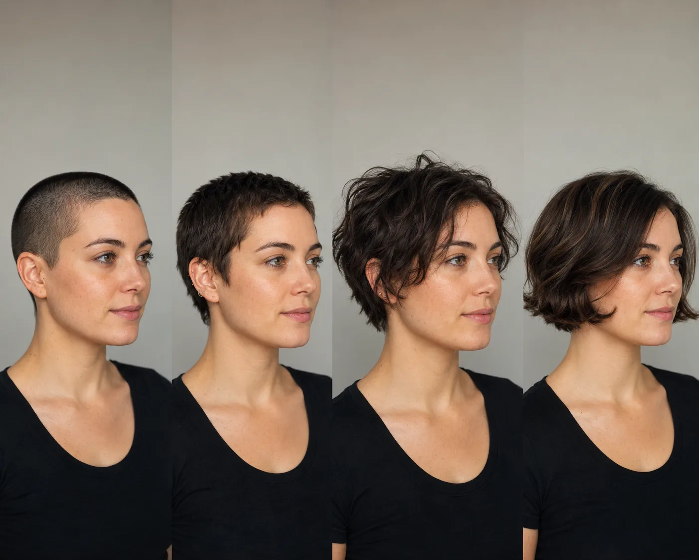 Four-panel visual timeline of the same face moving from buzz cut to mid-length hair