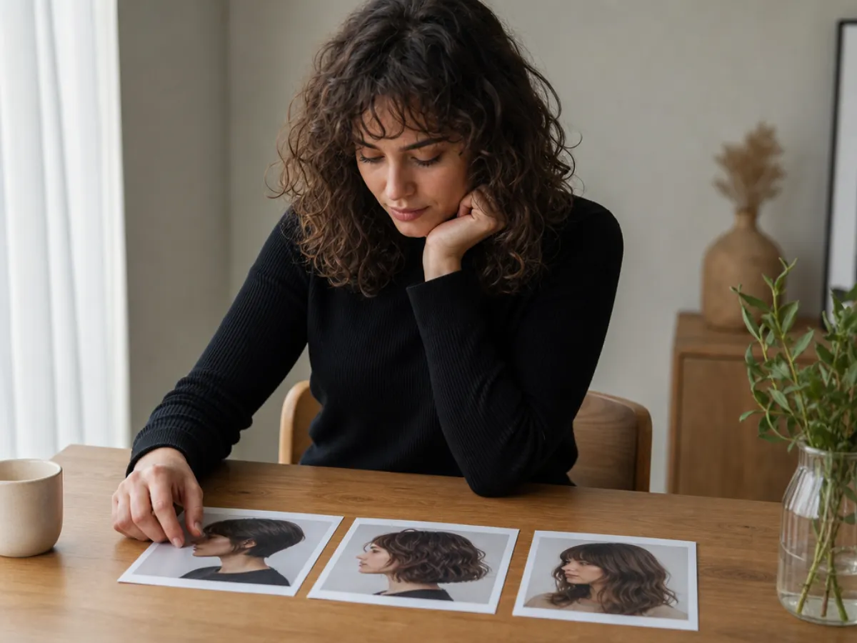 Adult person comparing three realistic hairstyle directions for a dating-profile photo in natural window light, neutral editorial illustration, no visible app interface