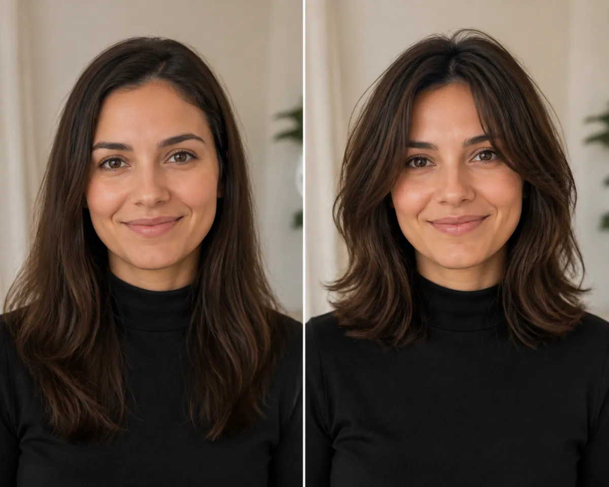 Before and after of the same person previewing a recommended cut for their face shape next to their current look with an AI hairstyle changer
