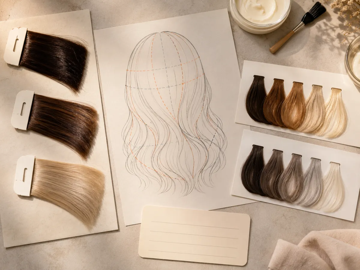 Top-down highlights planning board with warm and cool hair swatches, placement ribbons, and a blank salon appointment card
