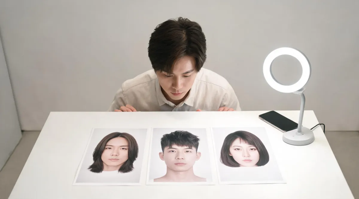 AI hairstyle filters on TikTok planning board with three generic haircut-direction portraits and a ring light