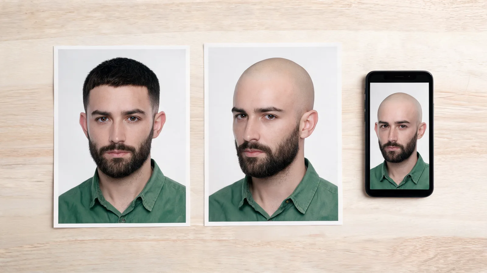 Illustrative bald-filter photo comparison with original and shaved-head portraits beside an unbranded phone