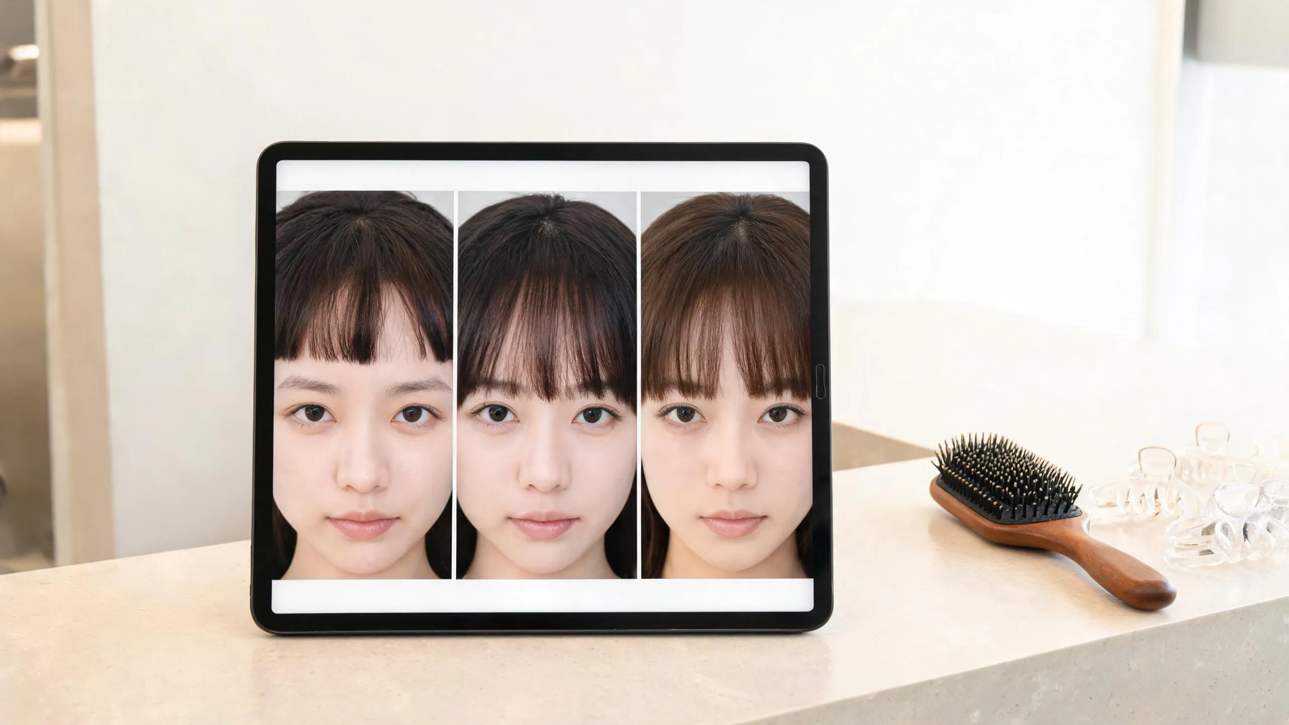 Instagram bangs filter comparison of three natural fringe lengths on an unbranded tablet