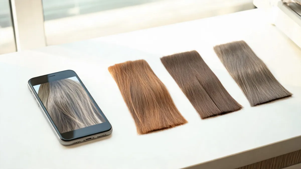 Instagram hair color filter comparison with an unbranded phone and three neutral hair-tone swatches