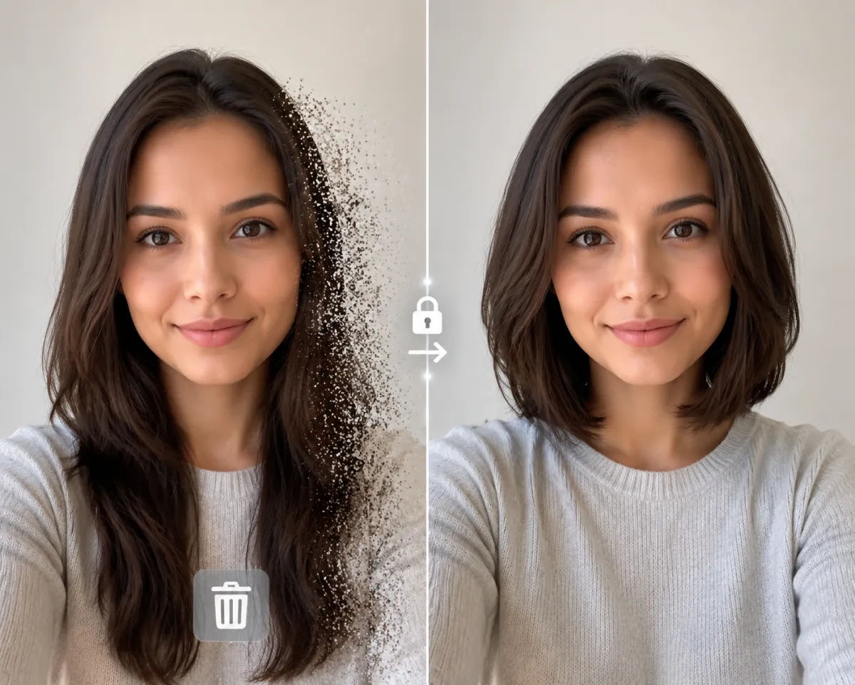 Diagram-style before and after showing a selfie being safely processed by an AI hairstyle changer into a new haircut preview