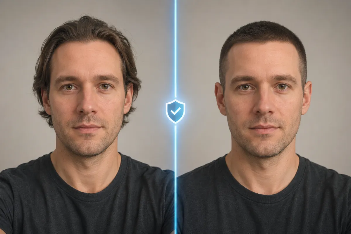 Side-by-side before and after of a man previewing a short haircut, illustrating a face-editing preview that keeps his real identity