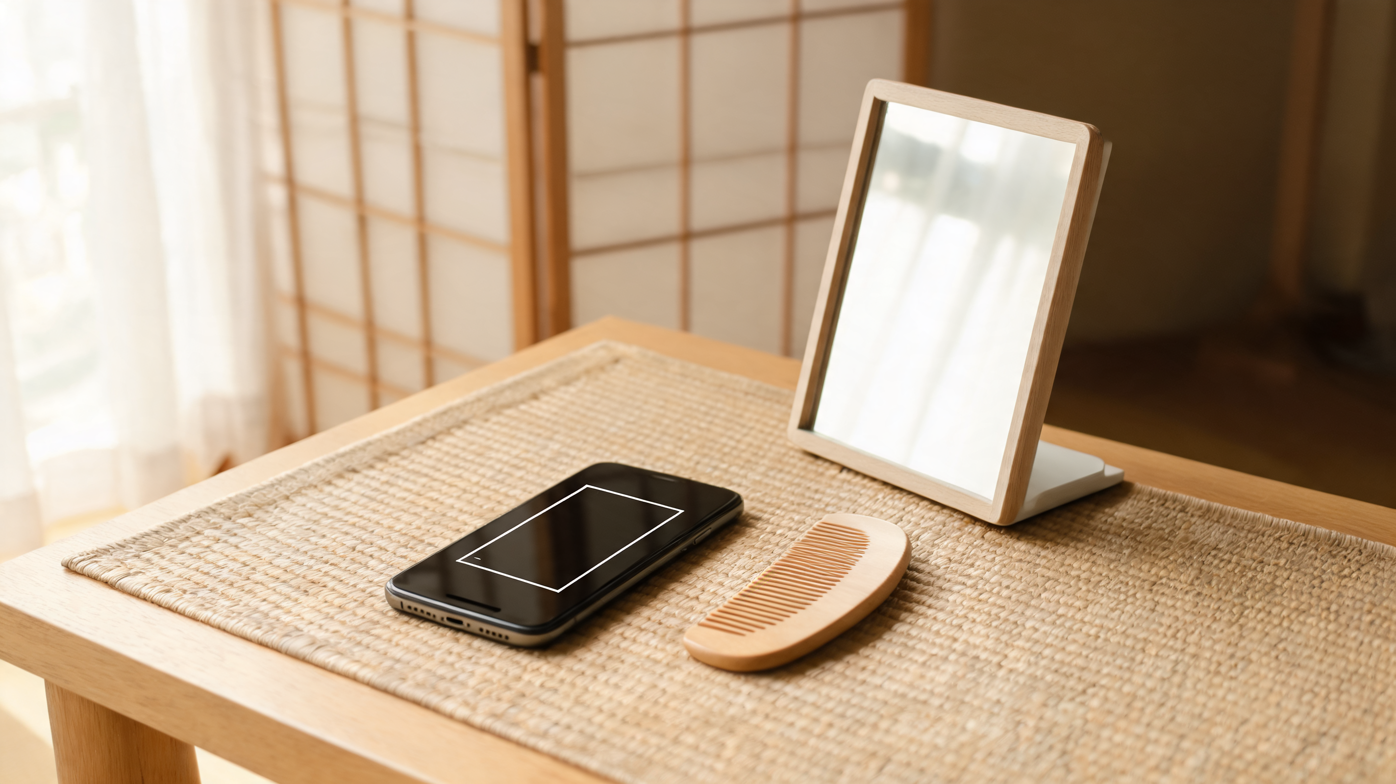 髪型シミュレーション用の写真を準備するための、スマートフォン、くし、鏡の編集用チェック風景