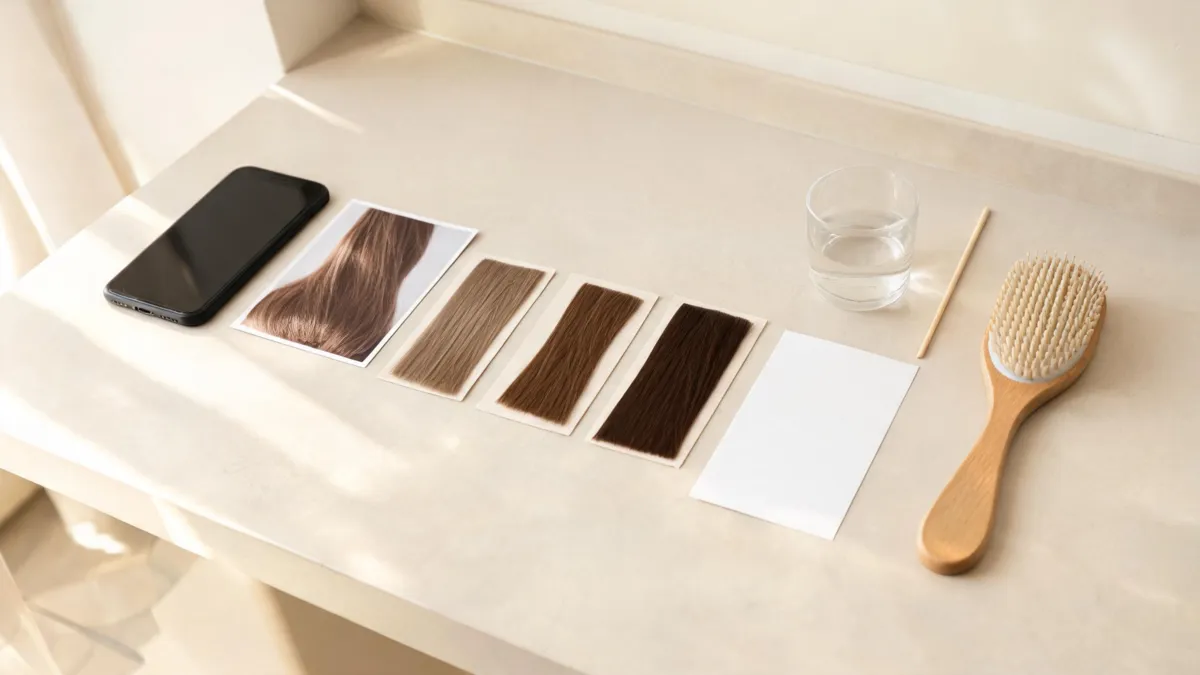 L'Oréal hair color filter comparison with a phone, original portrait card, neutral brown shade swatches and unbranded salon tools