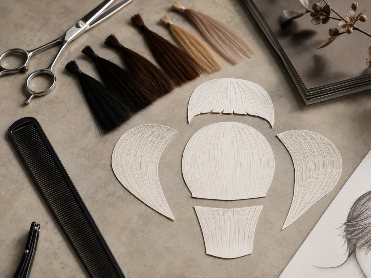 Modern mullet haircut planning diagram with separate crown texture, side length, fringe, and nape-length swatches arranged around a simple scissors and comb still life, no person, no words, no logos