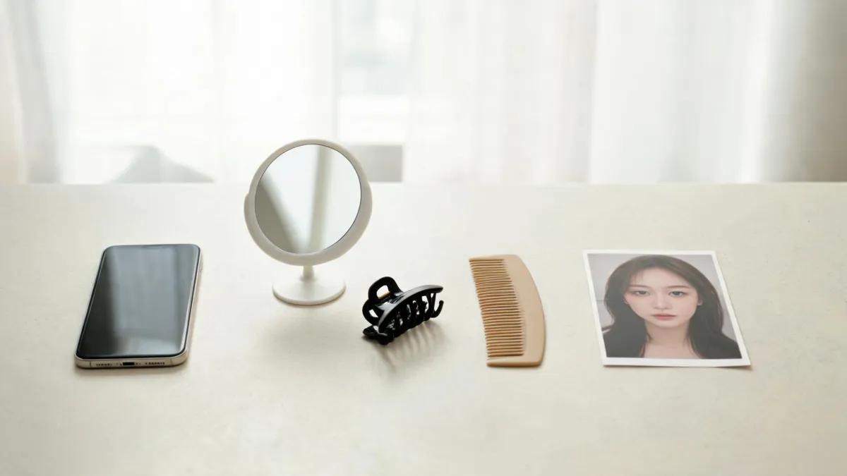 A careful selfie-preparation flat lay with a phone, mirror, comb, hair clip, and plain portrait print