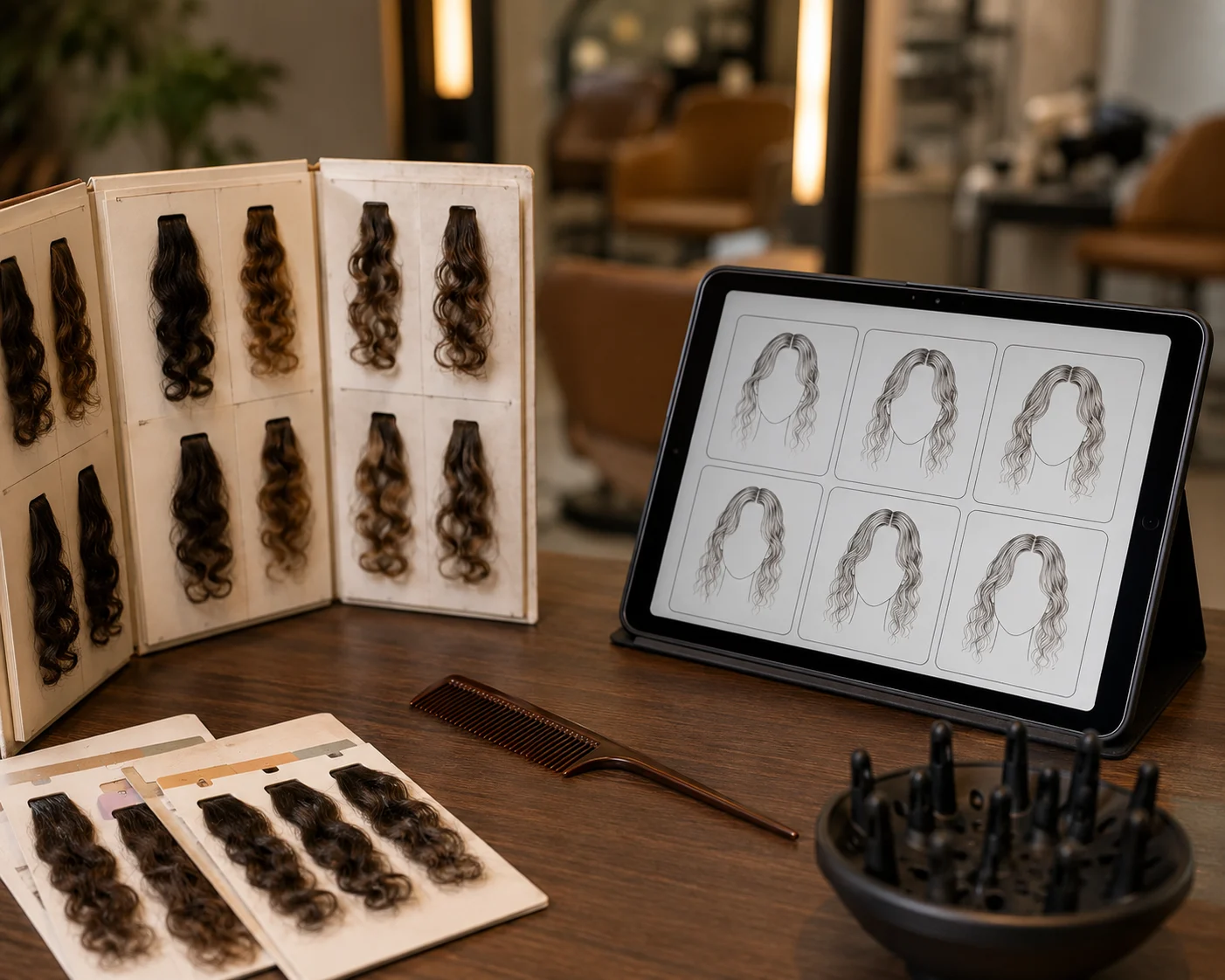Salon table with curl samples, tablet preview panels, and perm consultation tools