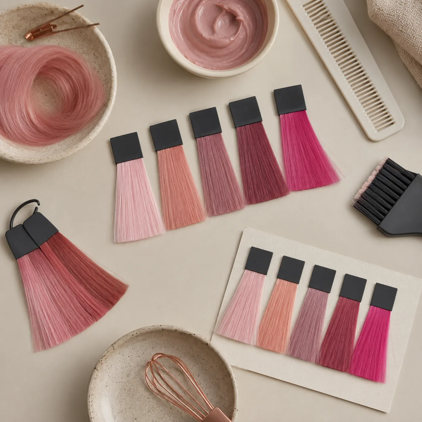 Top-down pink hair color planning board with separate blush, peach, mauve, berry, and vivid swatches beside a strand-test card and neutral styling tools, no readable text or logos