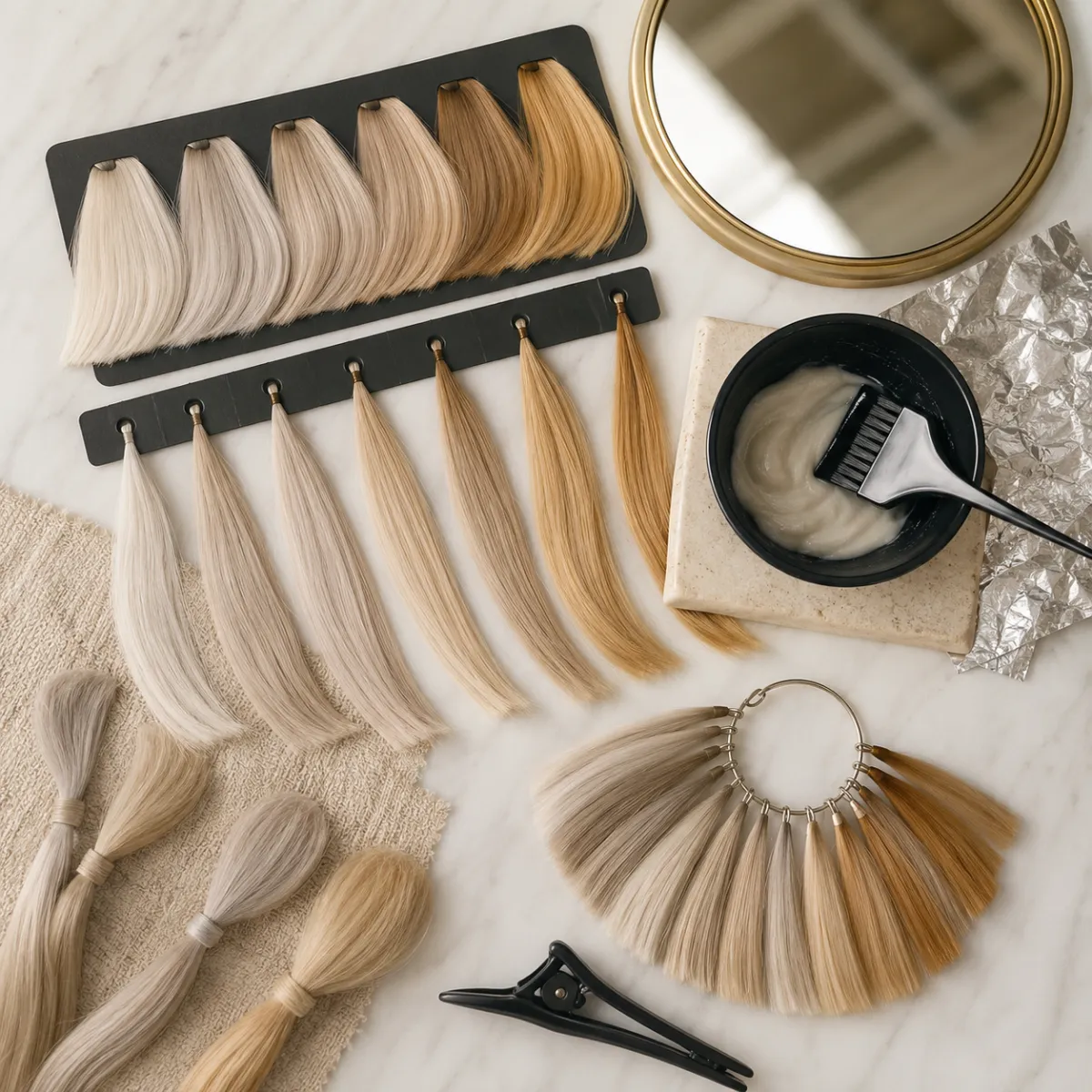 Planning board comparing cool, creamy, and rooted platinum-blonde directions without labels