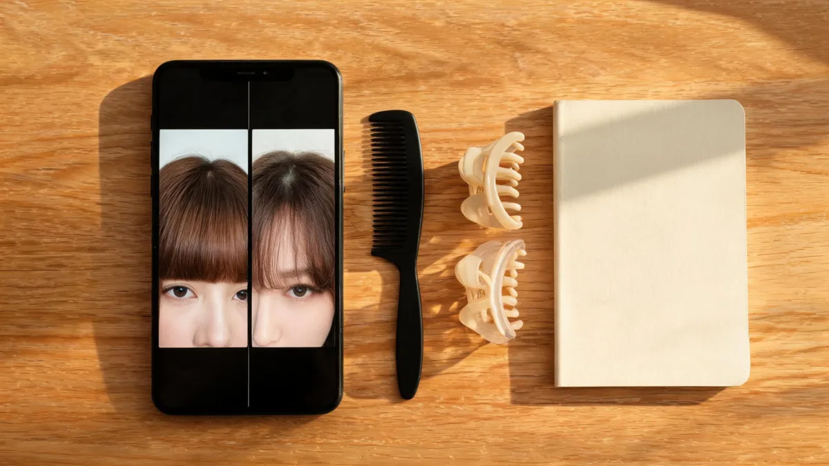 Should I get bangs decision checklist with two natural fringe options on a consistent portrait