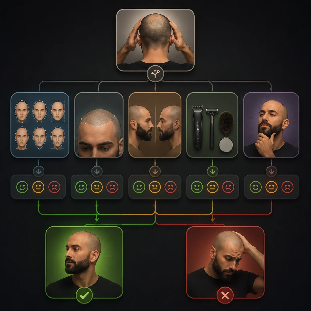 Decision map for shaving your head, showing preview, reasons, maintenance, and grow-back checks