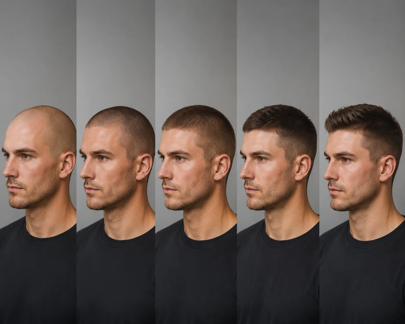 Grow-back timeline for a shaved head, from clean shave to buzz growth and short haircut stage