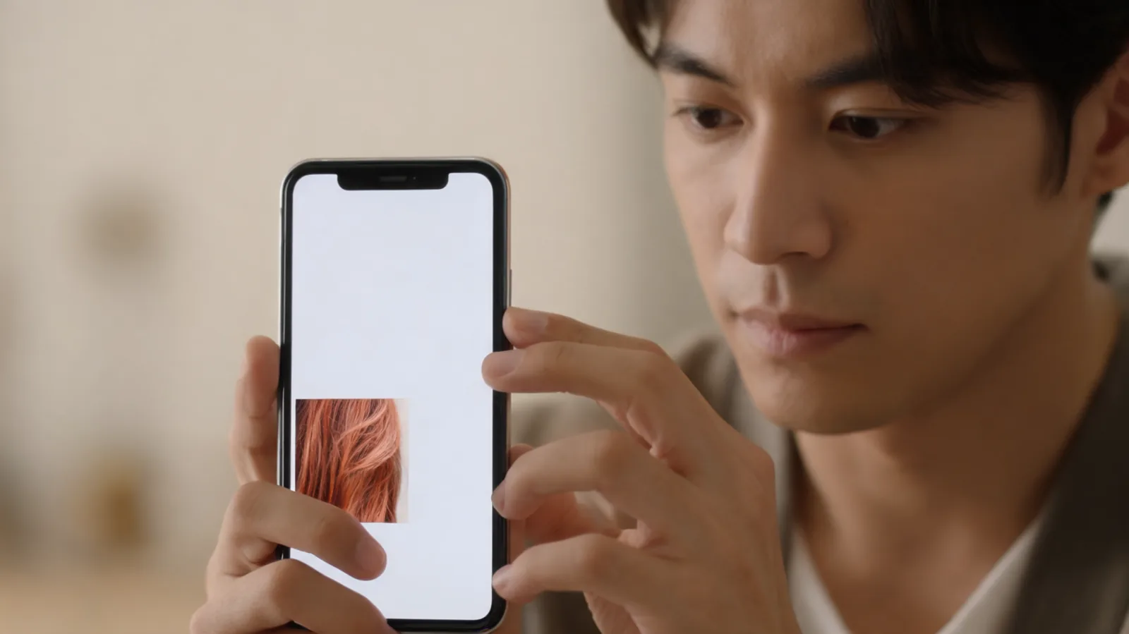 An adult reviewing a simple hair-color preview on a smartphone before deciding whether to share it
