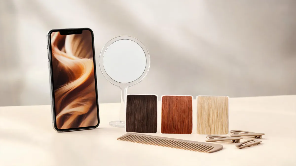 TikTok hair color filter planning setup with a phone, neutral mirror, and unlabeled brunette copper and blonde swatches