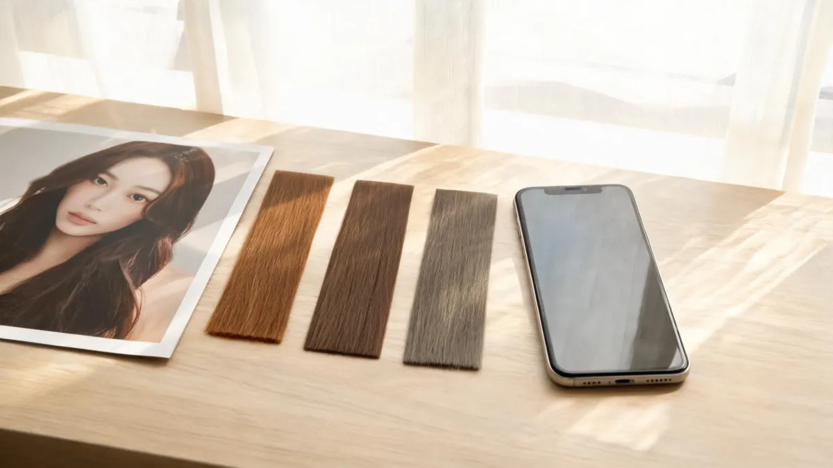 Hair colour comparison setup with warm brown, neutral brown, and cool brown swatches beside a portrait and unbranded phone