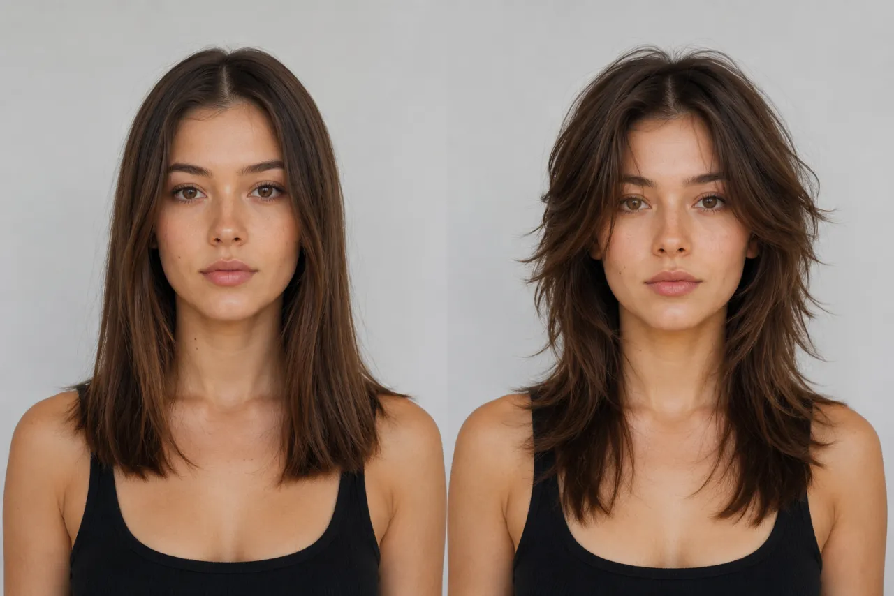 Before and after of the same woman previewing a wolf cut with an AI hairstyle changer