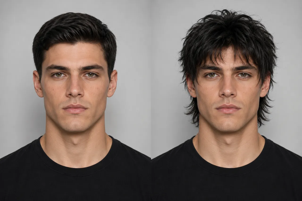 Before and after of the same man previewing a wolf cut on his own photo