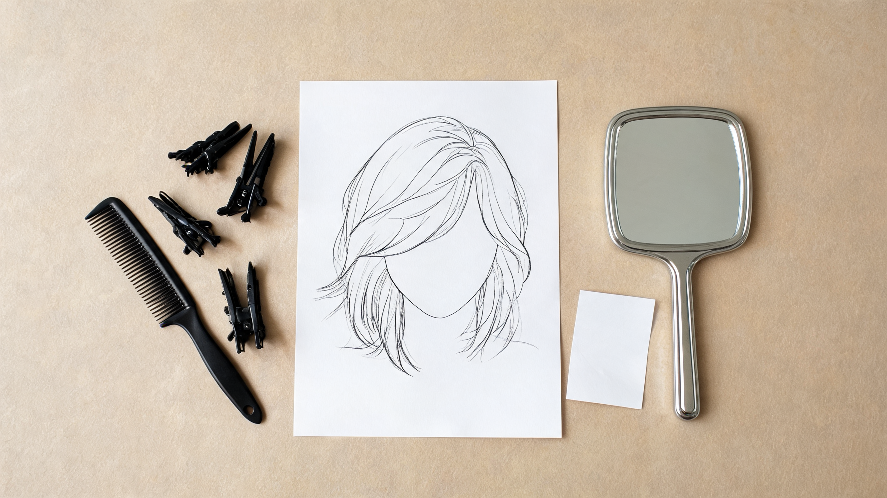 Editorial salon consultation card showing an abstract layered-hair outline, a hand mirror, hair clips, and a blank photo reference card with no readable text