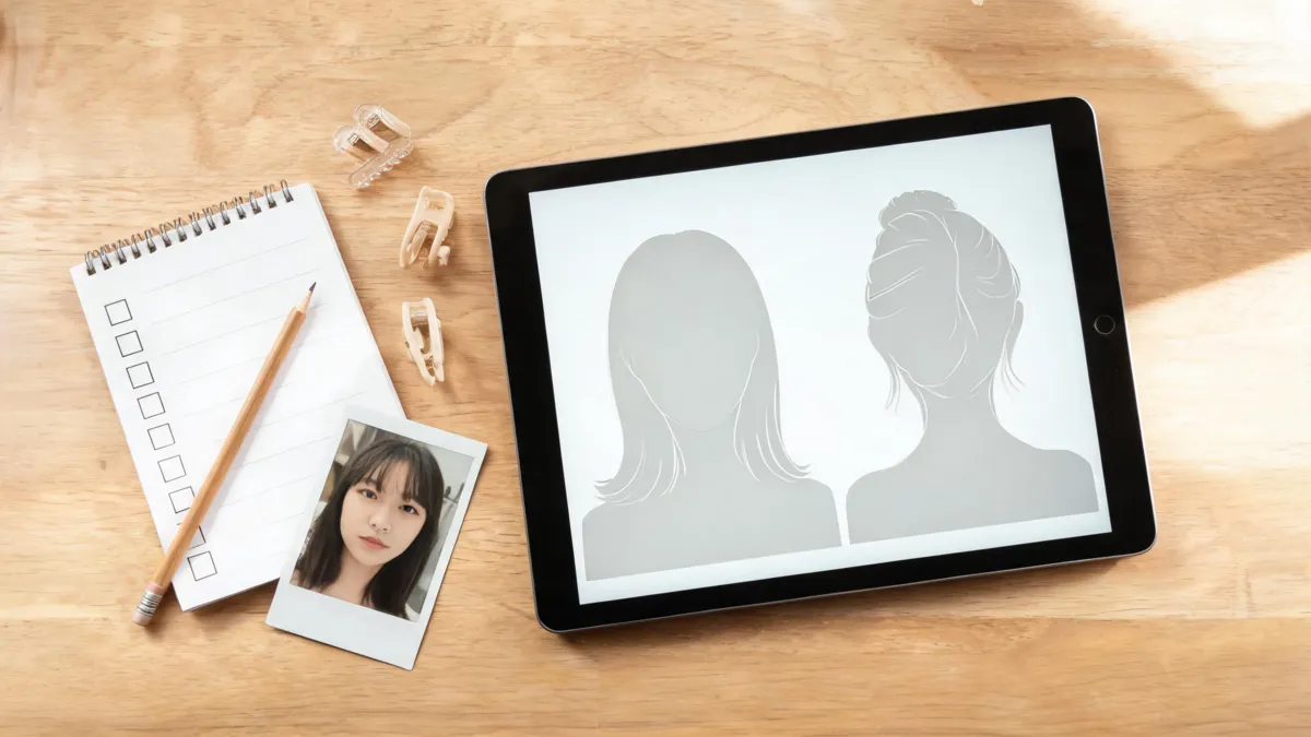 YouCam Makeup AI hairstyle app workflow showing a source portrait, two unlabeled hairstyle directions, and a checklist for a fair comparison