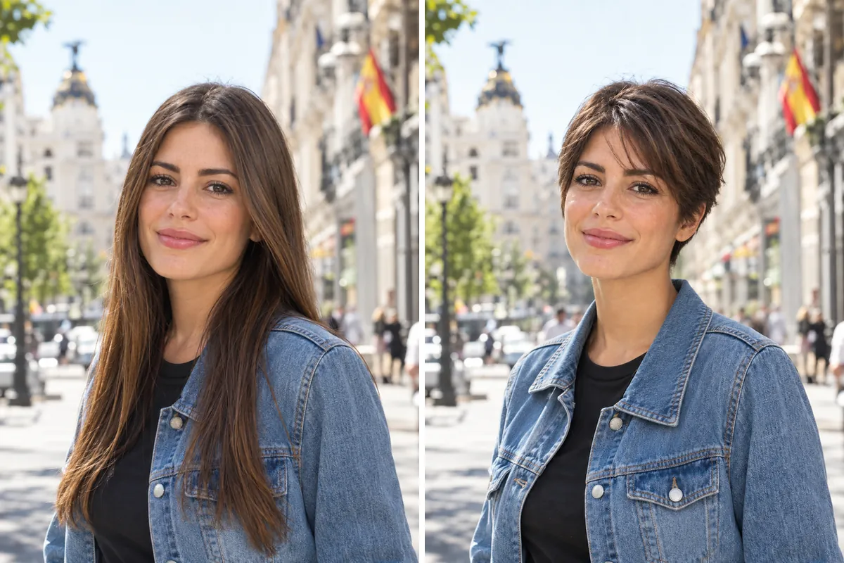 Antes y después: de pelo largo a un corte más corto en la misma foto