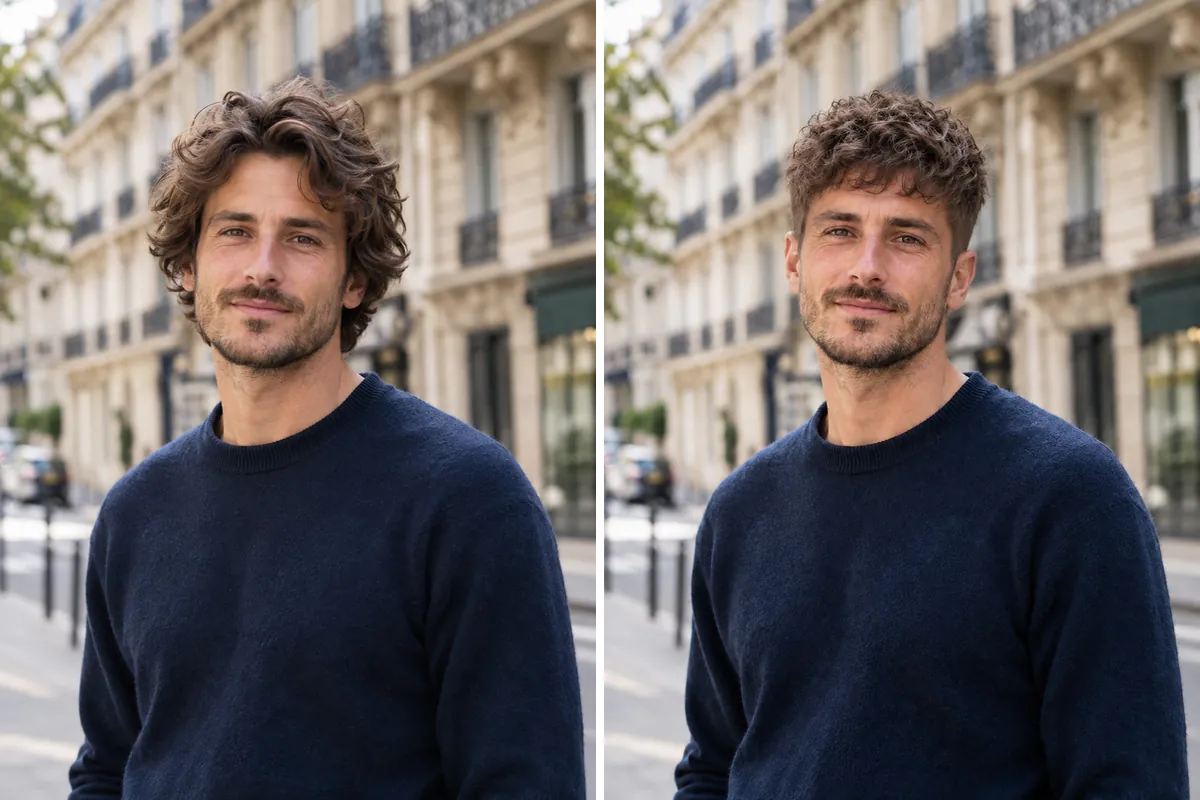 Avant et après : cheveux longs, puis coupe plus courte sur la même personne